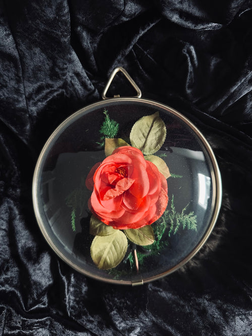 Cadre bombé avec rose artificielle // Années 70